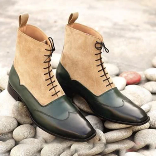 Bespoke Goodyear Welted Tailor Made Handmade Pure Green Black Shaded  Leather Beige Suede Oxford Wingtip Lace Up Ankle Boots Men's & Women's