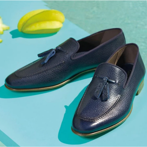 Bespoke Leather Loafers Elevate Your Wardrobe, Handcrafted Loafers, Premium Quality Navy Blue Leather Slip On Tassels Shoes Luxury Shoes Vintage Shoes Mens Loafers