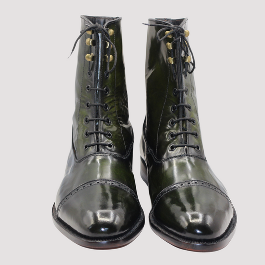 Handcrafted High-Top Cap-Toe Boots in Green and Black Sophisticated Patina Leather Boots with Brogue Details Artisan-Crafted Leather Boots Timeless Beauty Premium Quality Leather Handmade Bespoke Goodyear Welted High Ankle Boots for Mens