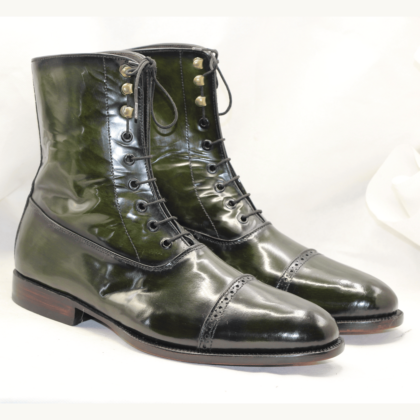 Handcrafted High-Top Cap-Toe Boots in Green and Black Sophisticated Patina Leather Boots with Brogue Details Artisan-Crafted Leather Boots Timeless Beauty Premium Quality Leather Handmade Bespoke Goodyear Welted High Ankle Boots for Mens