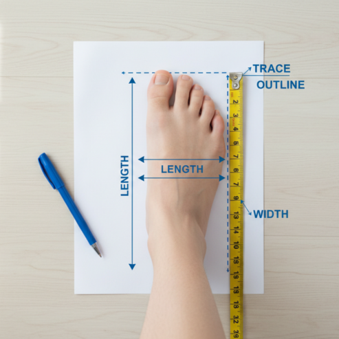 Measuring foot length with a ruler on a paper template