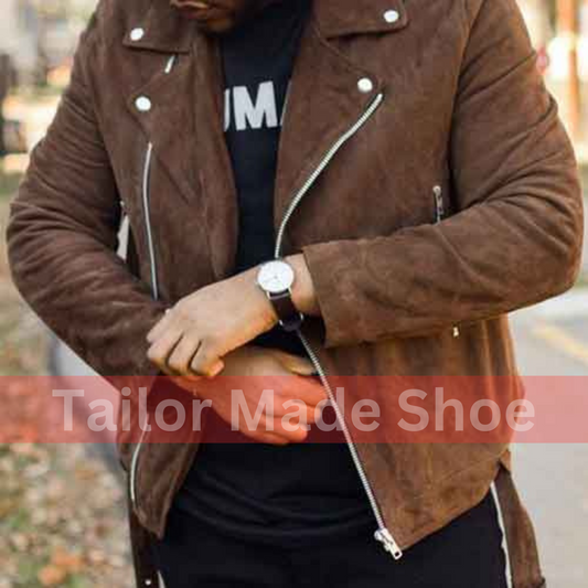 Men Brown Suede Biker Jacket, Brown Moto Jacket, Motorcycle Jacket for Men's