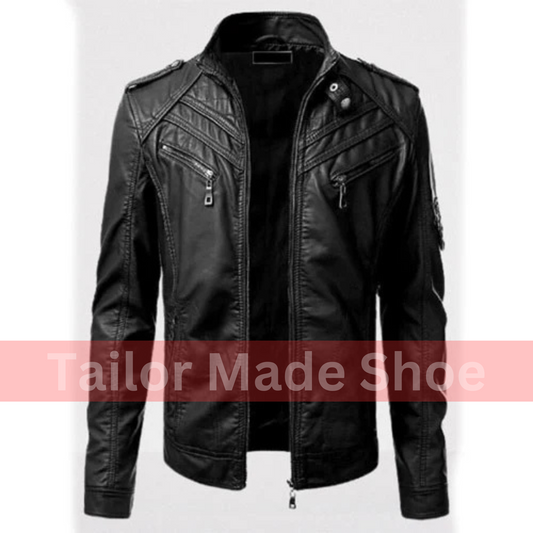 Men's Pure Black Leather Biker Fashion Jacket for Men, Men Leather Outerwear