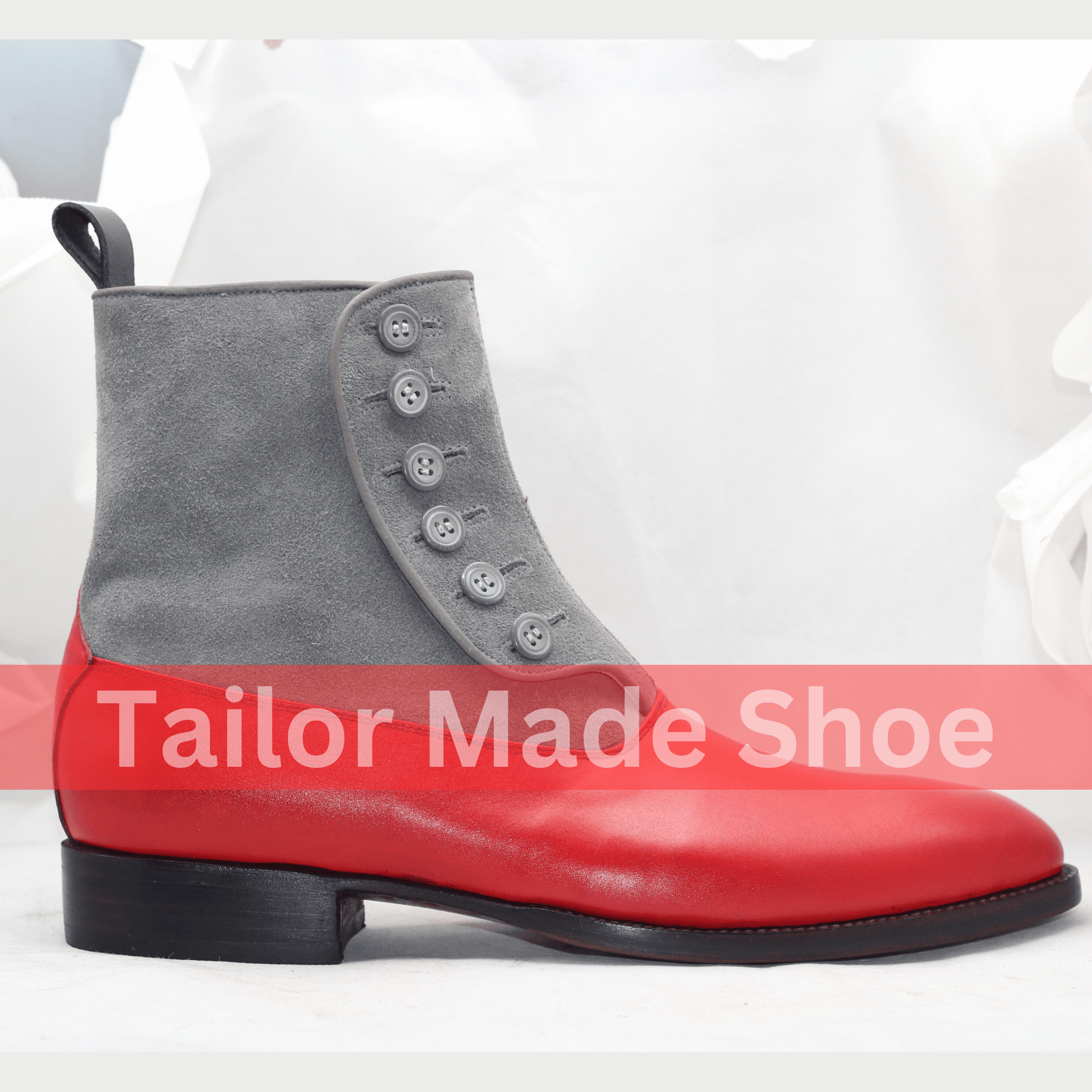 Men's Two-Tone Button Boots – Red Leather & Gray Suede High-End Buttoned Leather Boots Handcrafted Men's Button Boots