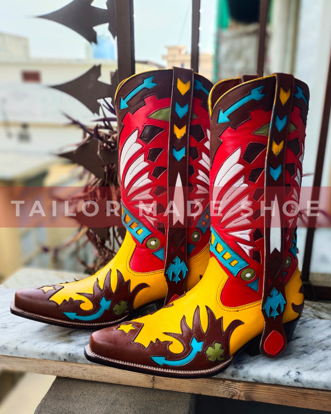 Bespoke Handmade Men's Multi Leather Western Mexican Cowboy Boots Headdress design Thunderbirds Mule ears Vintage Handcrafted Western Cowboy