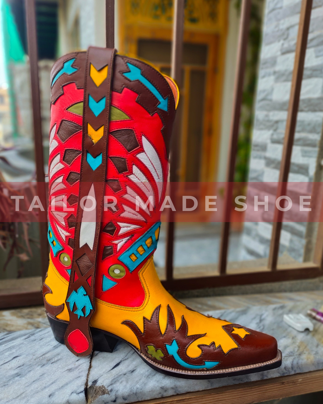 Bespoke Handmade Men's Multi Leather Western Mexican Cowboy Boots Headdress design Thunderbirds Mule ears Vintage Handcrafted Western Cowboy
