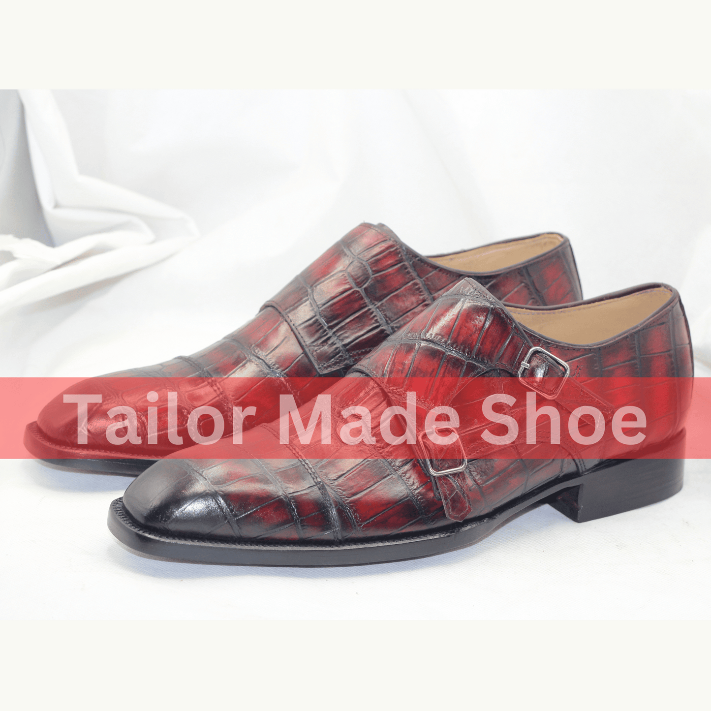 Luxury Handmade Leather Monk Straps – Burgundy Alligator-Style Design for Formal Occasions