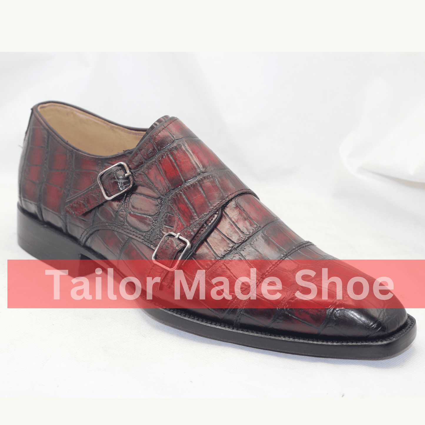 Luxury Handmade Leather Monk Straps – Burgundy Alligator-Style Design for Formal Occasions