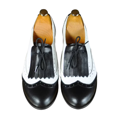 Tailor Made Handmade Black & White Genuine Leather, Wingtip Shoes, Brogue Spectator Womens Oxford Shoes