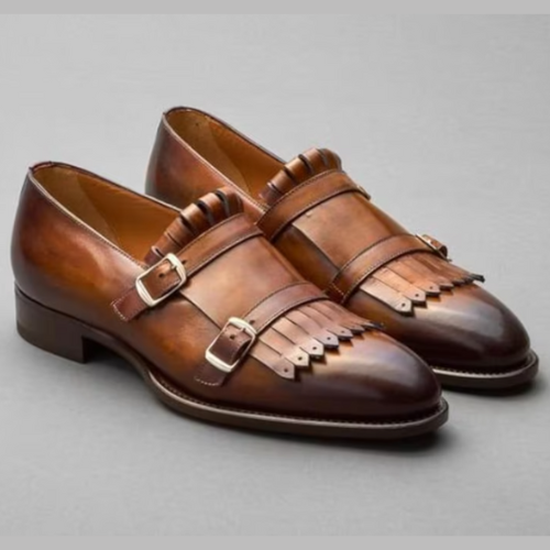 Tailor Made Handmade Brown Leather Double Buckle Strap Fringe Monk Men's Shoes