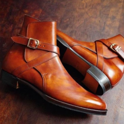 Tailor Made Men's Bespoke Tan Leather Jodhpurs Buckle Strap Formal Dress Boots