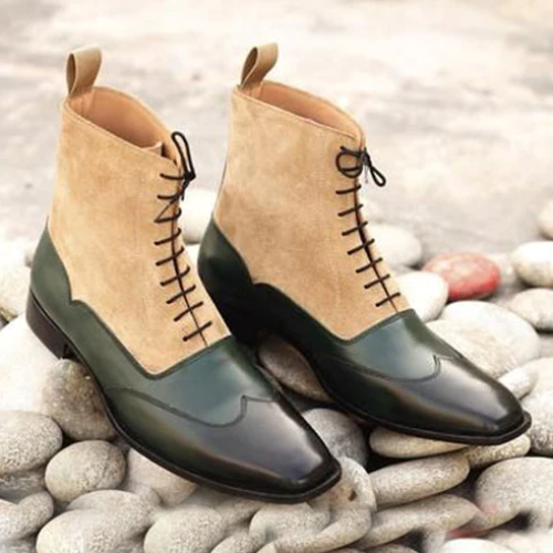 Bespoke Goodyear Welted Tailor Made Handmade Pure Green Black Shaded Leather Beige Suede Oxford Wingtip Lace Up Ankle Boots Men's & Women's