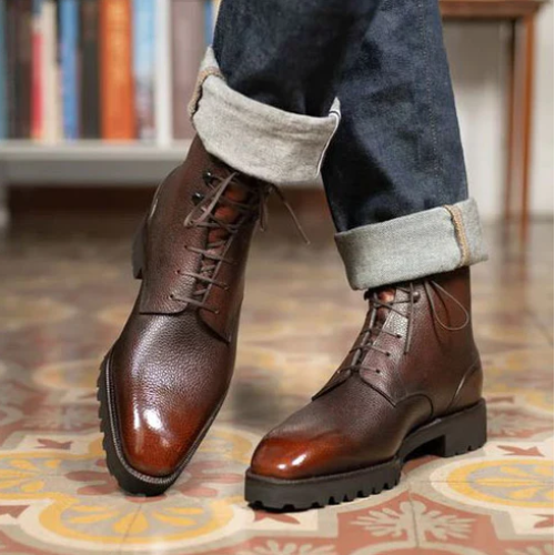 Bespoke Handcrafted Handmade Grain Brown Shaded Leather Ankle Derby Lace Up Dress Boots Men's Stylish Boots, Gentlemen Boots, Winter Boots