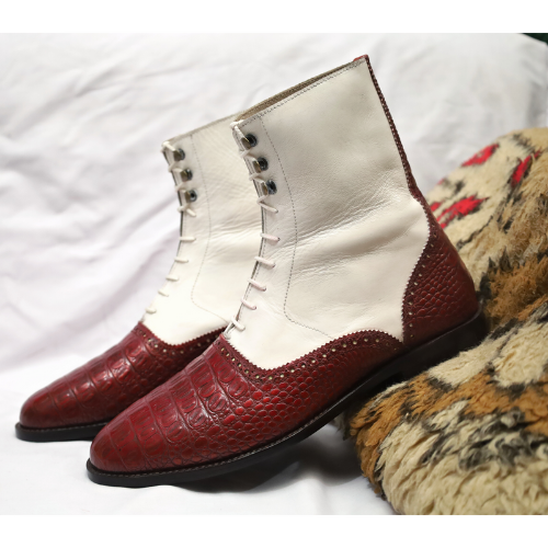 Bespoke Handmade Boots, Goodyear Premium Quality Burgundy Crocodile Texture Leather & White Leather Boots, Lace Up Boots Mens and Womens Boots
