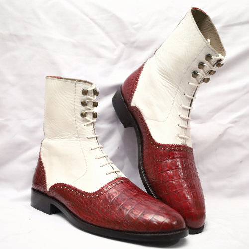 Bespoke Handmade Boots, Goodyear Premium Quality Burgundy Crocodile Texture Leather & White Leather Boots, Lace Up Boots Mens and Womens Boots