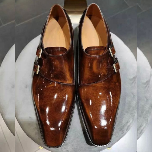 Bespoke Handmade Custom Made Made To Order Brown Patent Leather Double Monk Strap Mens Fashion Shoe, Wedding Shoe, Event Shoes, Gift for Him