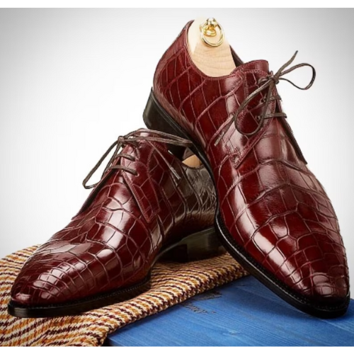 Bespoke Handmade Shoes Goodyear Welted Shoes Custom Shoes Crocodile Print Burgundy Leather Mens Stylish Wedding Shoes