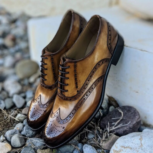 Bespoke Handmade Shoes,  Handcrafted Premium Quality Brown Shaded Leather Wingtip Oxford Shoes, Brogue Shoes Unique Design Mens Shoes 