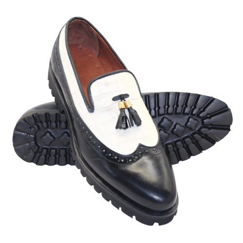 Bespoke Handmade White Crocodile & Black Patten Leather Vibram Sole Slip On Tassel Moccasin Shoes