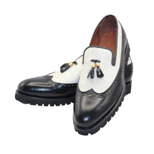 Bespoke Handmade White Crocodile & Black Patten Leather Vibram Sole Slip On Tassel Moccasin Shoes
