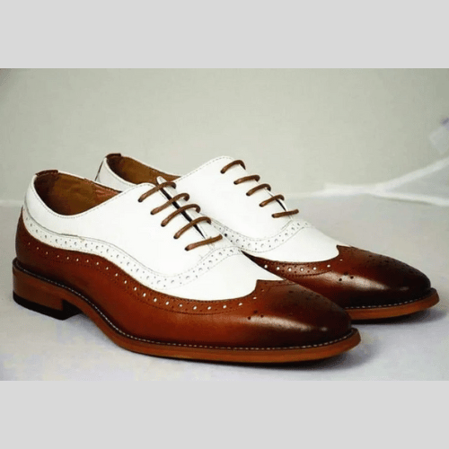 Bespoke Men Handmade Brown & White Colour Pure Leather Wing Tip Brogue Lace Up Oxford Shoes, Wingtip Shoes, Event Shoes Wedding Shoes