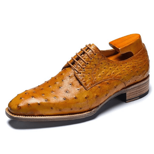 Bespoke Men's Handmade Tan Color Genuine Calf Leather Lace Up Oxford Ostrich Texture Shoes, Wedding Shoes, Party Shoes, Men Custom Shoes