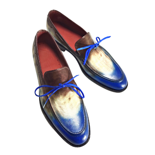 Bespoke Shoes, Handmade Shoes, Custom Made Shoes, Goodyear Welted Handstiched Handpainted Hand Dyed Flame Treated Multi Tone Leather Loafers Slip On Moccassin Womens and Mens Unique Design Shoes
