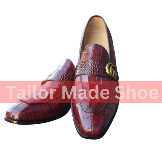 Burgundy Crocodile-Embossed Leather Loafers – Perfect for Formal & Casual Wear Tailor Made Handmade Leather Loafers – Premium Crocodile Finish for Men