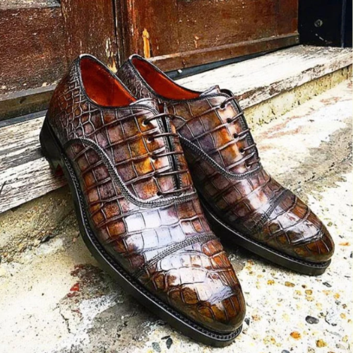 Custom Comfort Premium Leather Oxford Shoes, Handcrafted, Handmade,  Crocodile Texture Leather, Toe Cap Lace up Oxford Mens Stylish Shoes