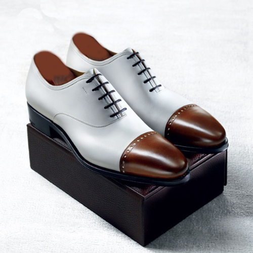 Custom Made Bespoke Handmade Handcrafted Premium Quality White & Brown Leather Toe Cap Oxford Formal Dress Mens Fashion Shoes, Wedding Shoes