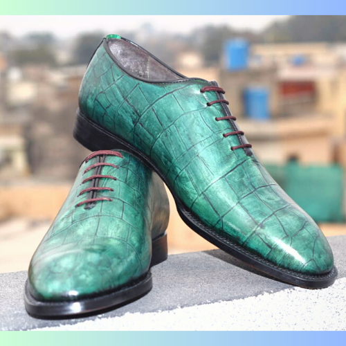 Custom Made Bespoke Handmade Made to Measure Genuine Crocodile Print Green Leather Laceup Oxford Mens Shoes