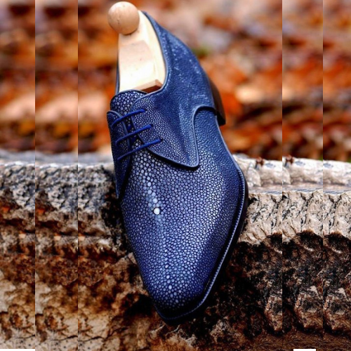 Custom Made Blue Stingray Printed Leather Derby Shoes