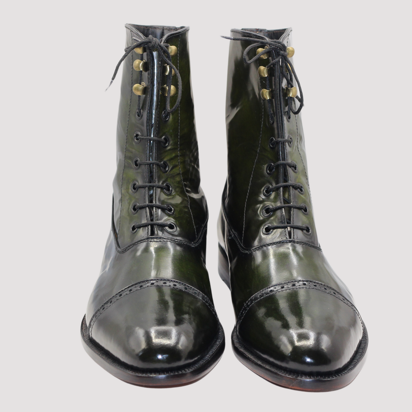 Handcrafted High-Top Cap-Toe Boots in Green and Black Sophisticated Patina Leather Boots with Brogue Details Artisan-Crafted Leather Boots Timeless Beauty Premium Quality Leather Handmade Bespoke Goodyear Welted High Ankle Boots for Mens