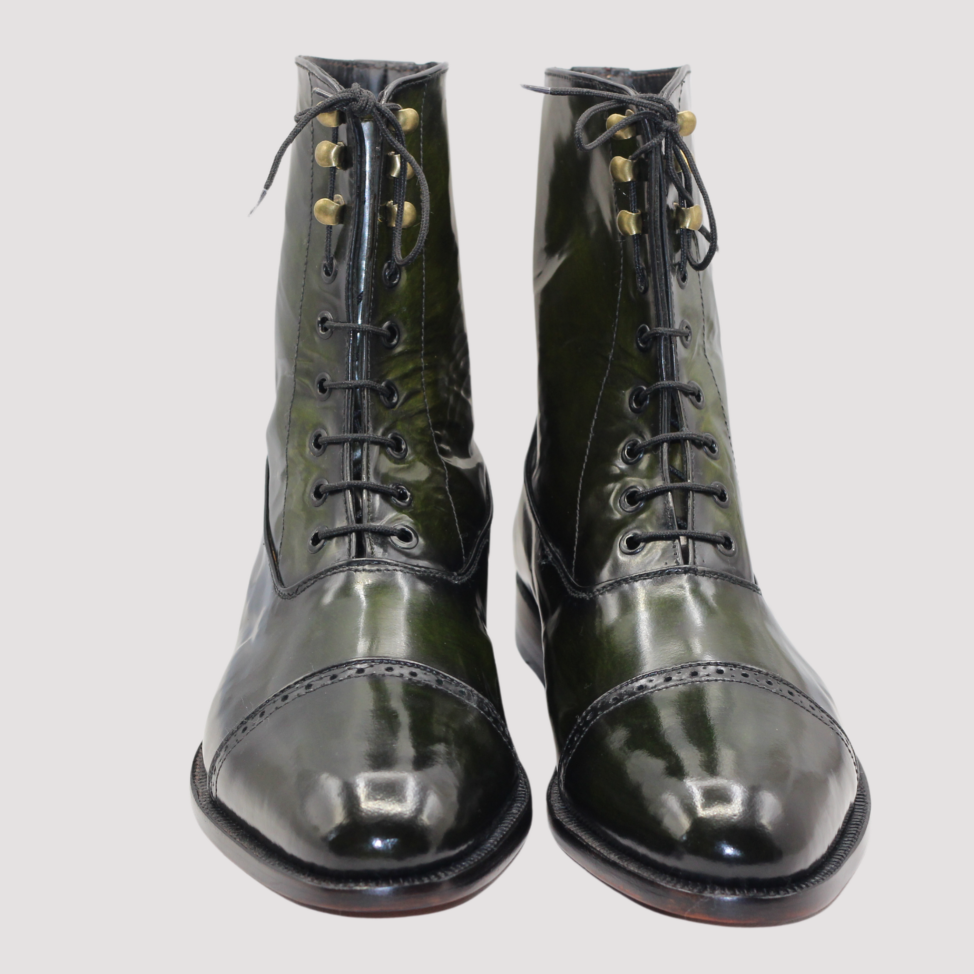 Handcrafted High-Top Cap-Toe Boots in Green and Black Sophisticated Patina Leather Boots with Brogue Details Artisan-Crafted Leather Boots Timeless Beauty Premium Quality Leather Handmade Bespoke Goodyear Welted High Ankle Boots for Mens