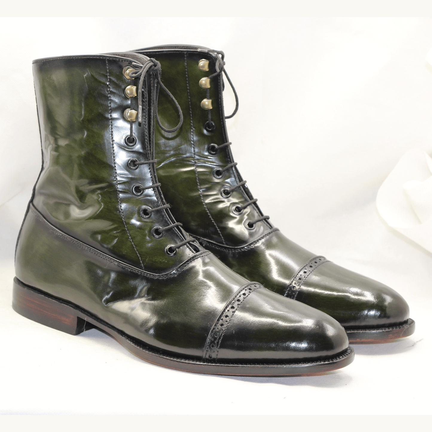 Handcrafted High-Top Cap-Toe Boots in Green and Black Sophisticated Patina Leather Boots with Brogue Details Artisan-Crafted Leather Boots Timeless Beauty Premium Quality Leather Handmade Bespoke Goodyear Welted High Ankle Boots for Mens