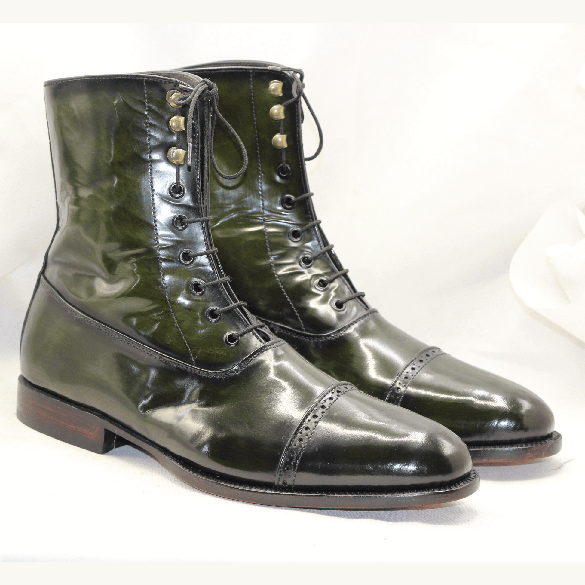 Handcrafted High-Top Cap-Toe Boots in Green and Black Sophisticated Patina Leather Boots with Brogue Details Artisan-Crafted Leather Boots Timeless Beauty Premium Quality Leather Handmade Bespoke Goodyear Welted High Ankle Boots for Mens