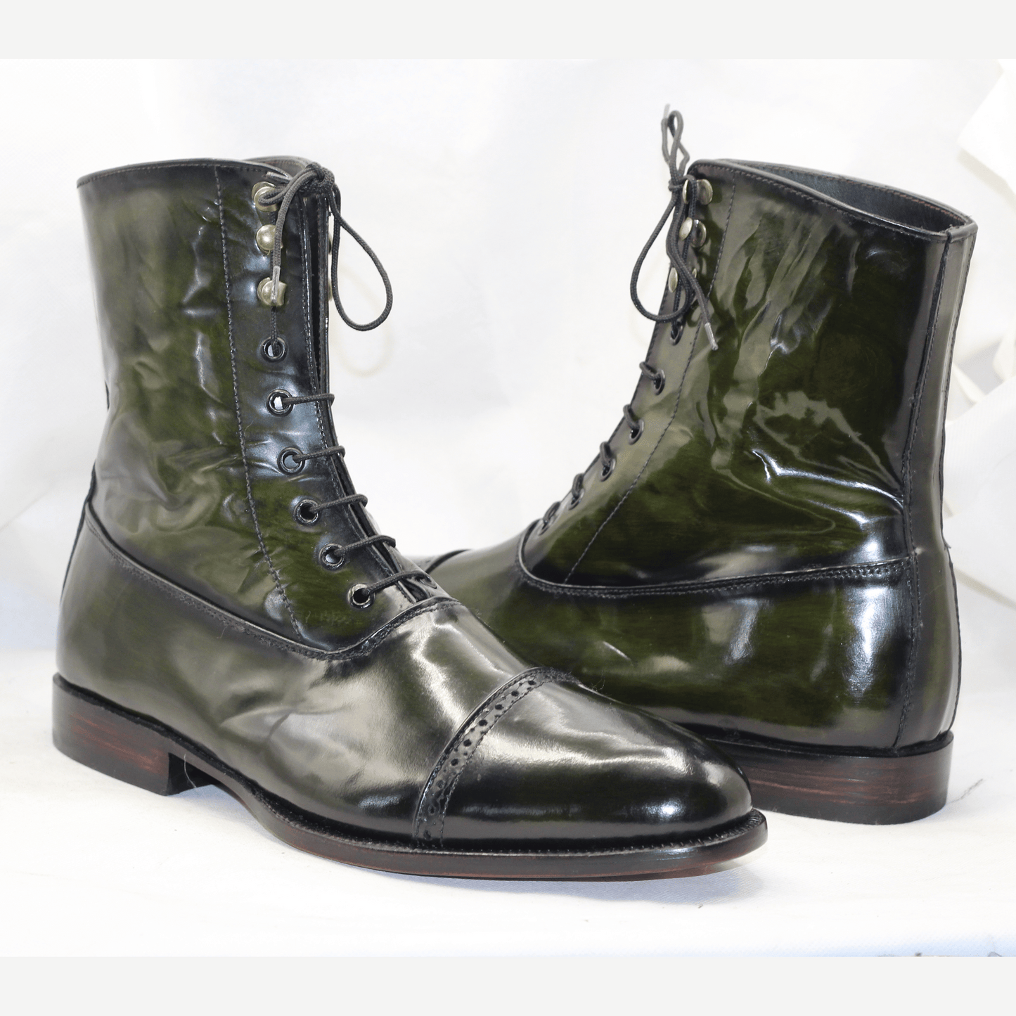 Handcrafted High-Top Cap-Toe Boots in Green and Black Sophisticated Patina Leather Boots with Brogue Details Artisan-Crafted Leather Boots Timeless Beauty Premium Quality Leather Handmade Bespoke Goodyear Welted High Ankle Boots for Mens