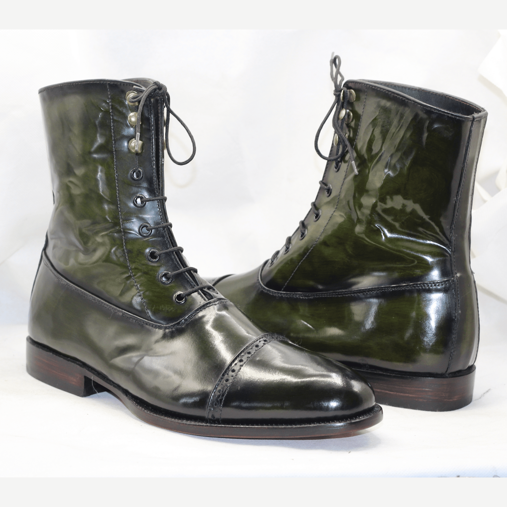 Handcrafted High-Top Cap-Toe Boots in Green and Black Sophisticated Patina Leather Boots with Brogue Details Artisan-Crafted Leather Boots Timeless Beauty Premium Quality Leather Handmade Bespoke Goodyear Welted High Ankle Boots for Mens