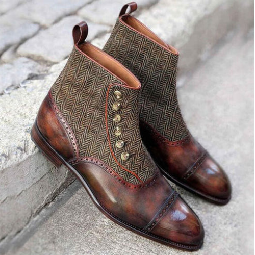 Handmade Handstiched Hand Polished Bespoke Boots Custom Boots, Brown Leather, Fabric Button Ankle Dress Toe Cap Brogue Boots Gentlemen Boots