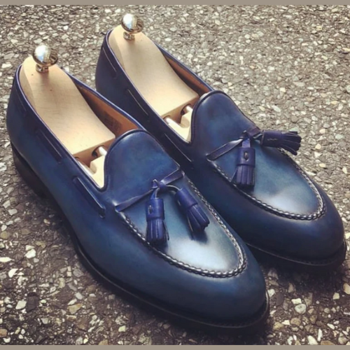 Handmade Slip On Shoes Comfort Meets Craftsmanship, Genuine Blue Leather Loafers Shoes Moccasin Shoes, Vintage Shoes Tassels Shoes for Mens