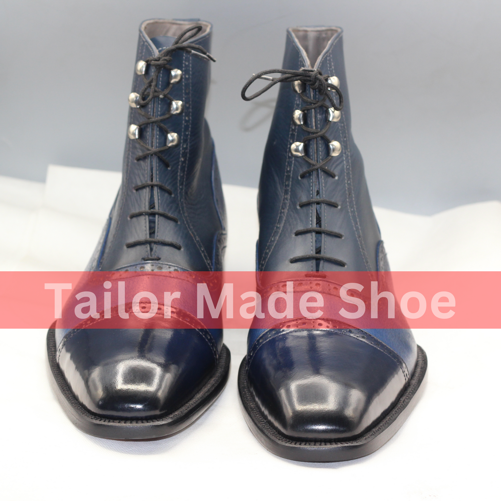Handmade Blue Leather Lace-Up Boots – Luxury Bespoke Footwear for Men Custom-Made Navy Leather Boots – Sophisticated Handmade Craftsmanship