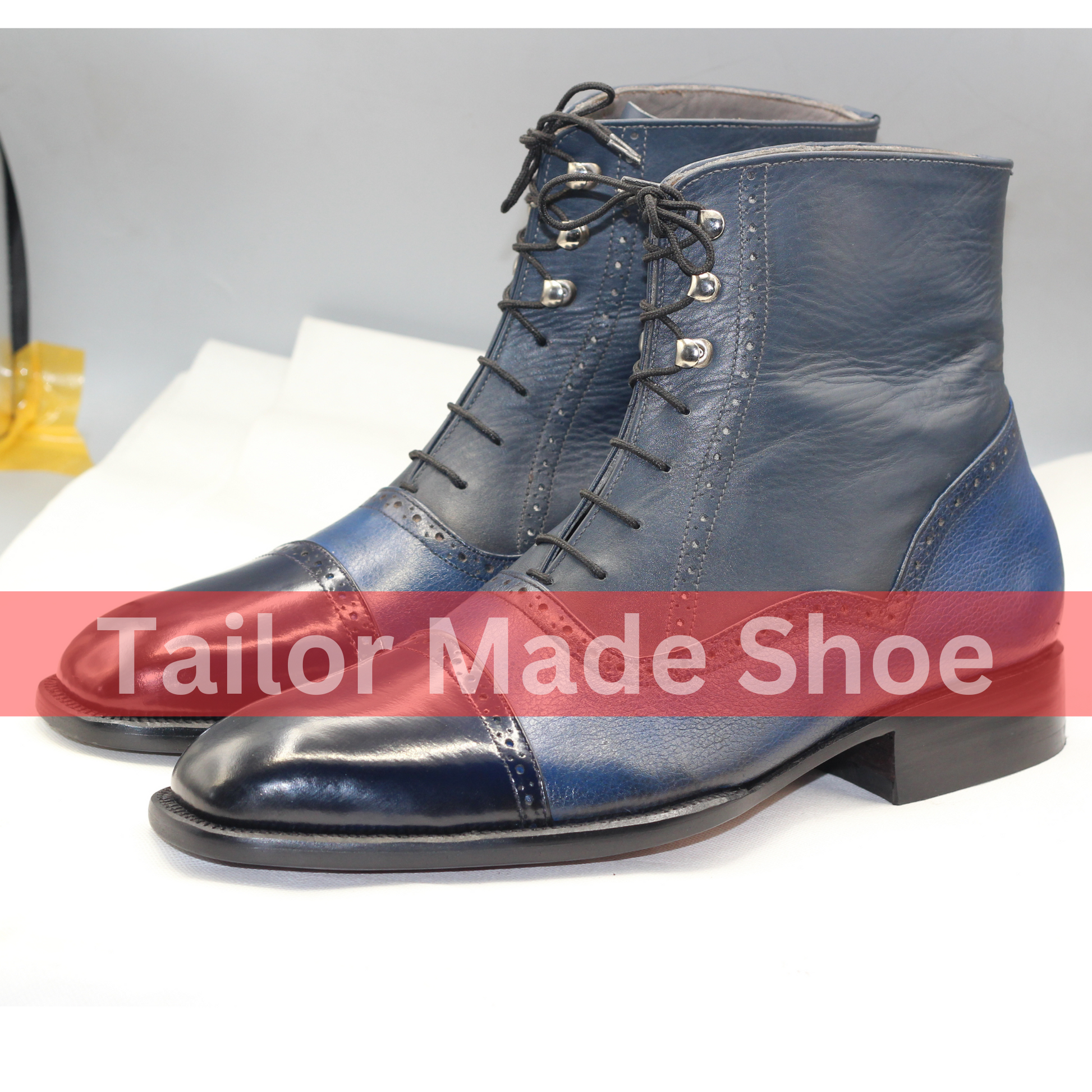 Handmade Blue Leather Lace-Up Boots – Luxury Bespoke Footwear for Men Custom-Made Navy Leather Boots – Sophisticated Handmade Craftsmanship