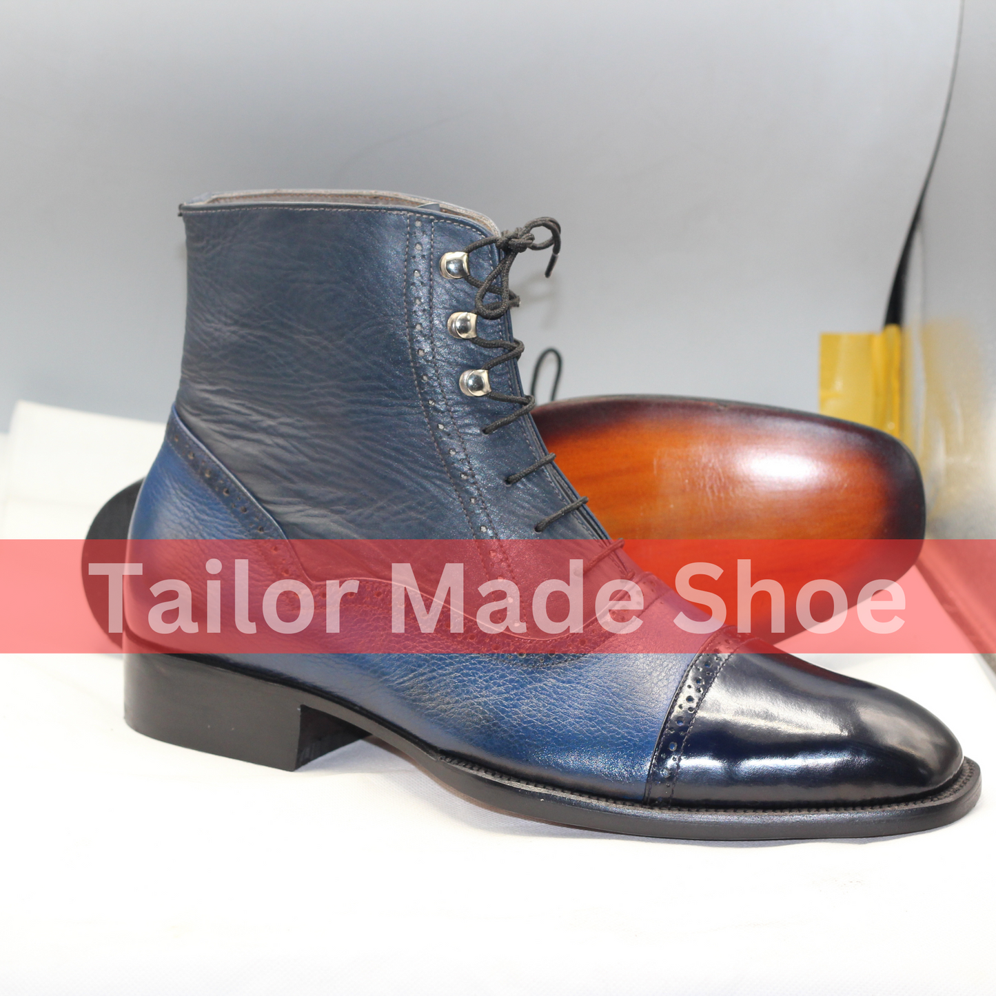 Handmade Blue Leather Lace-Up Boots – Luxury Bespoke Footwear for Men Custom-Made Navy Leather Boots – Sophisticated Handmade Craftsmanship