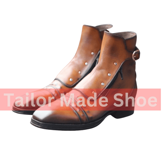 Handmade Brown Leather Ankle Boots with Vintage Brass Accents Custom Made Brown Leather Zipper Boots with Buckle Detail
