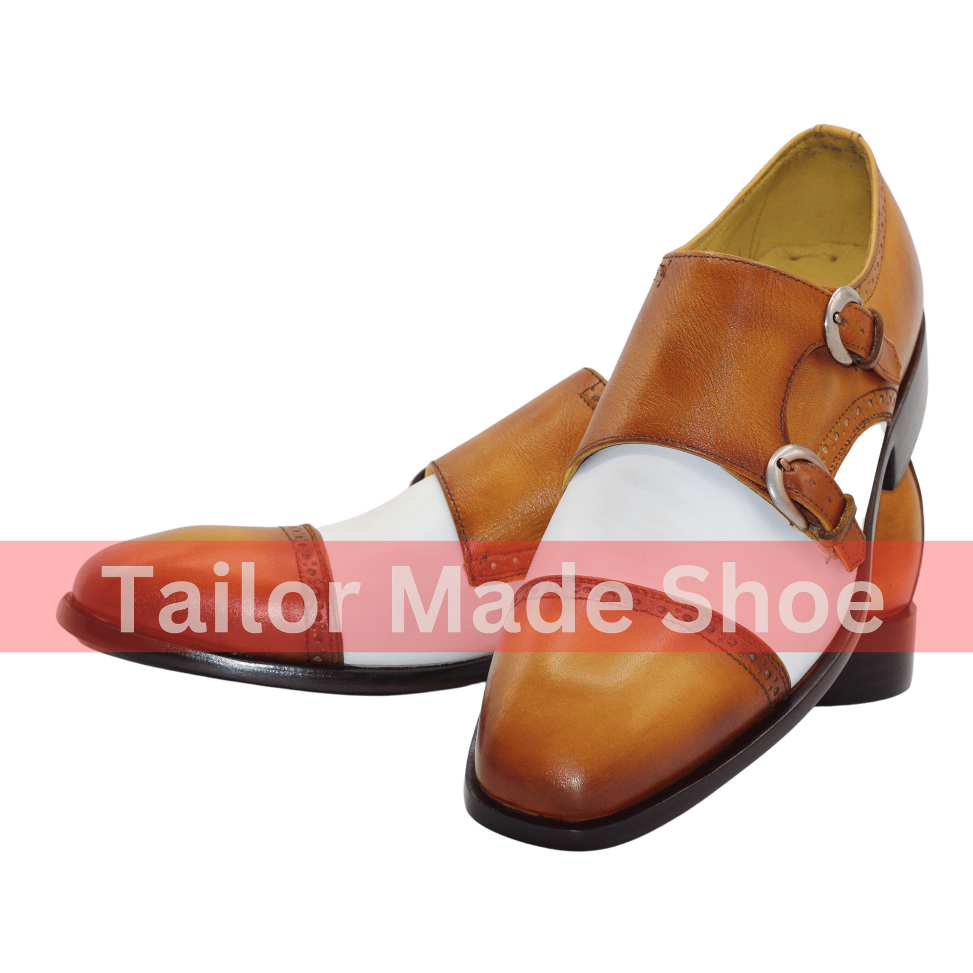 Handmade Leather Double Monk Strap Shoes - Brown and White Classic Handcrafted Double Monk Strap Shoes - Premium Quality Leather