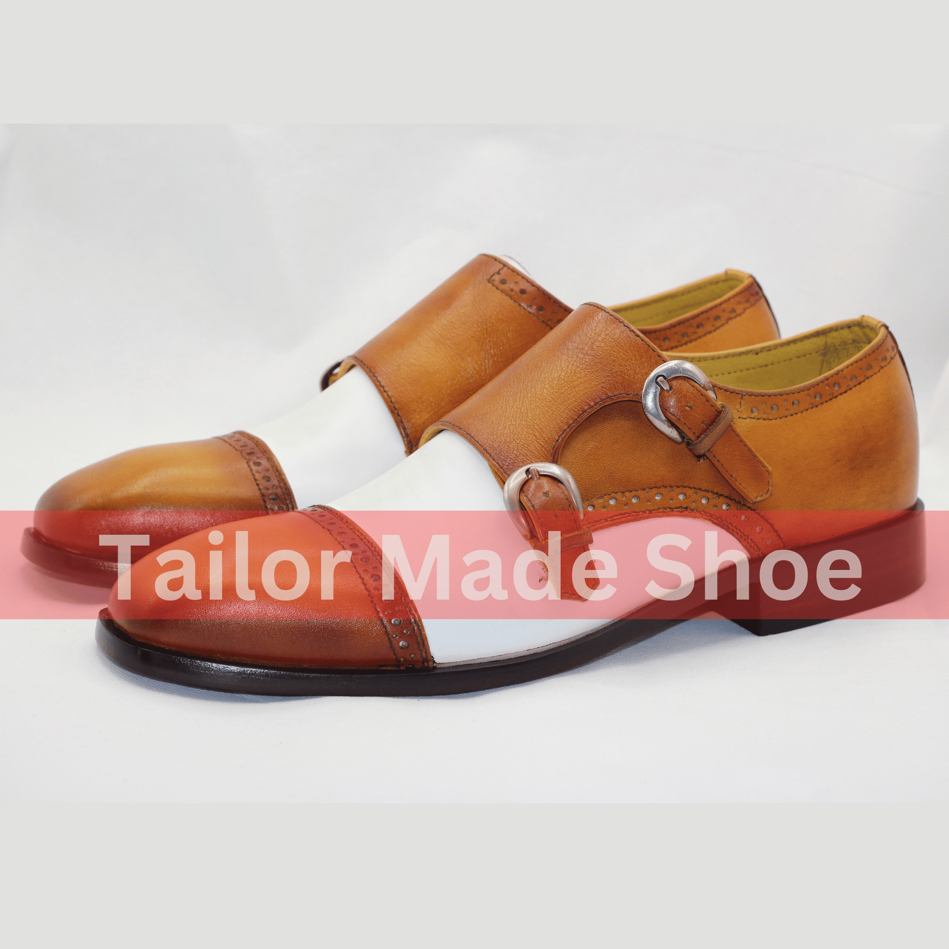 Handmade Leather Double Monk Strap Shoes - Brown and White Classic Handcrafted Double Monk Strap Shoes - Premium Quality Leather