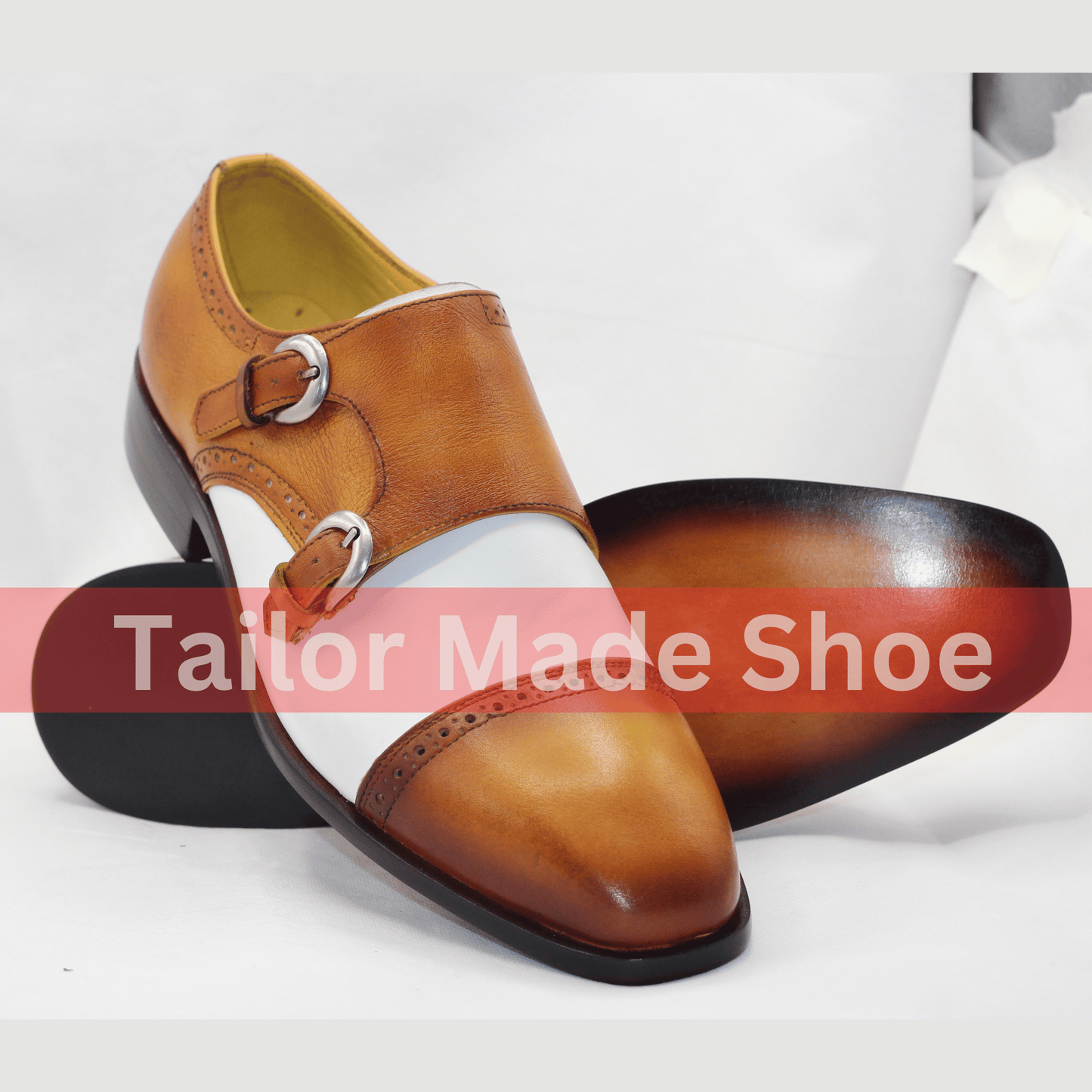 Handmade Leather Double Monk Strap Shoes - Brown and White Classic Handcrafted Double Monk Strap Shoes - Premium Quality Leather