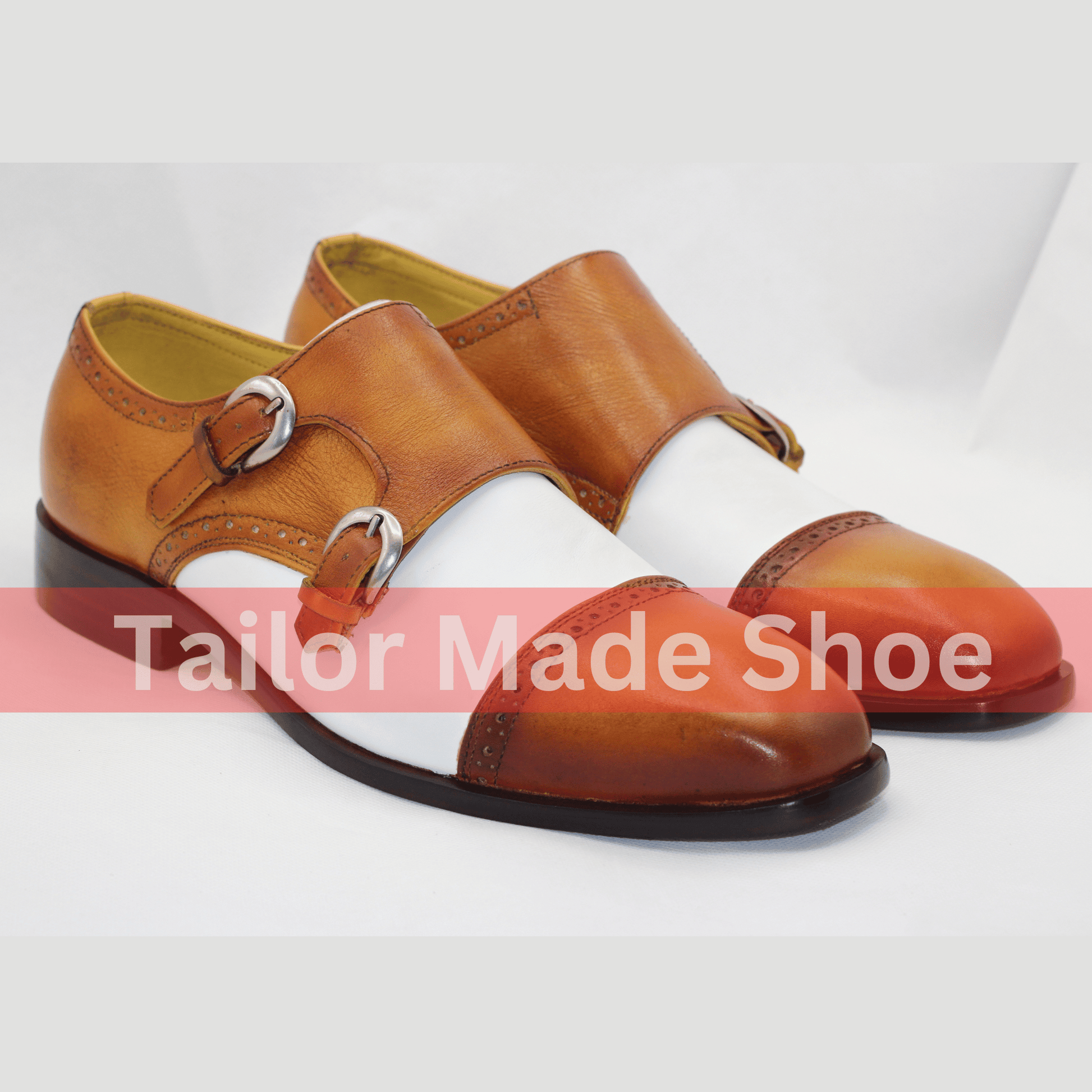 Handmade Leather Double Monk Strap Shoes - Brown and White Classic Handcrafted Double Monk Strap Shoes - Premium Quality Leather
