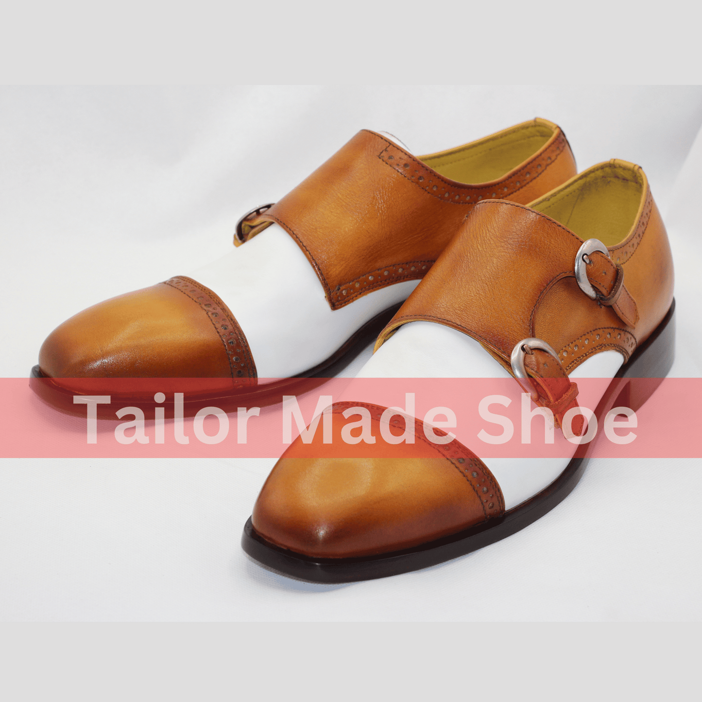 Handmade Leather Double Monk Strap Shoes - Brown and White Classic Handcrafted Double Monk Strap Shoes - Premium Quality Leather