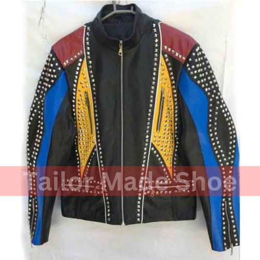 Handmade Men Multi Color Biker Jackets, Real Leather Studded Jackets For Men's